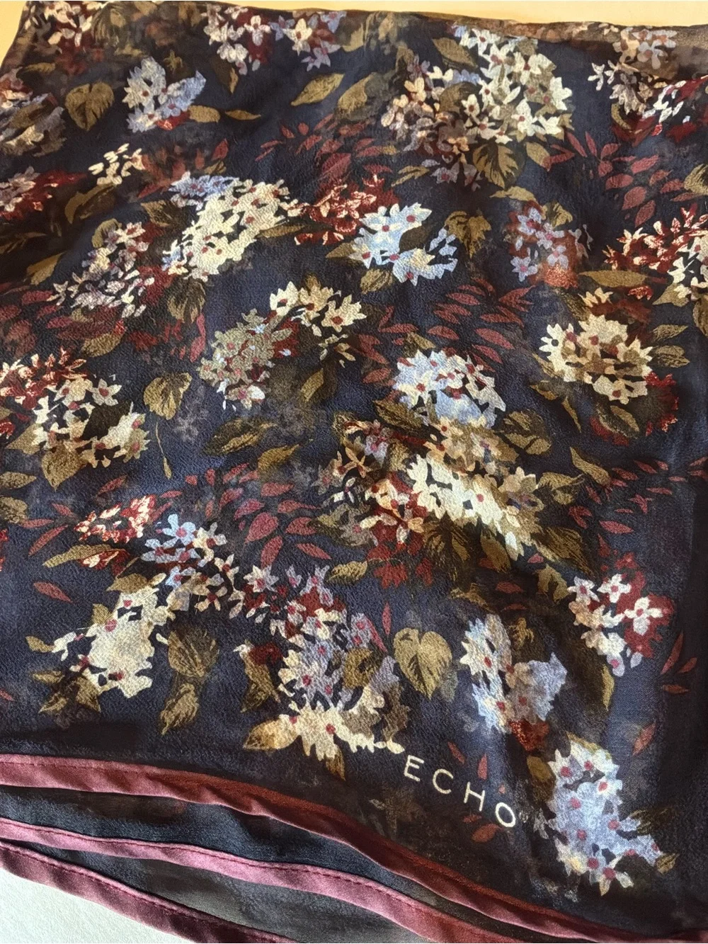Echo Navy Blue & Burgundy Floral Vintage Silk Square Scarf